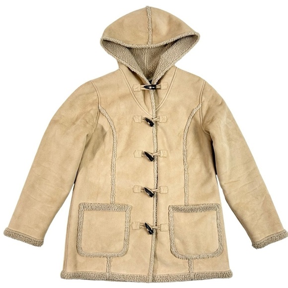 L.L. Bean Brown Tan Sherpa Lined Toggle Button Hooded Coat Size Small - Picture 1 of 8